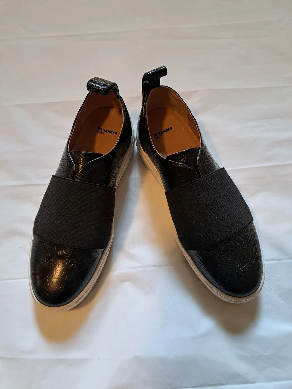 Jil Sander Black Embossed Leather Slip-On Loafers with White Sole